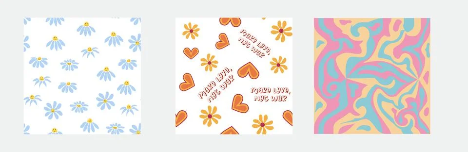 Set of retro 1970s seamless pattern. Floral, swirl, mushrooms, peace symbol,  Stock Illustration