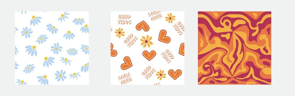 Set of retro 1970s seamless pattern. Floral, swirl, mushrooms, peace symbol,  Stock Illustration