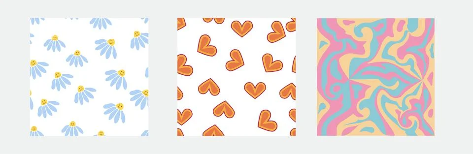 Set of retro 1970s seamless pattern. Floral, swirl, mushrooms, peace symbol,  Stock Illustration