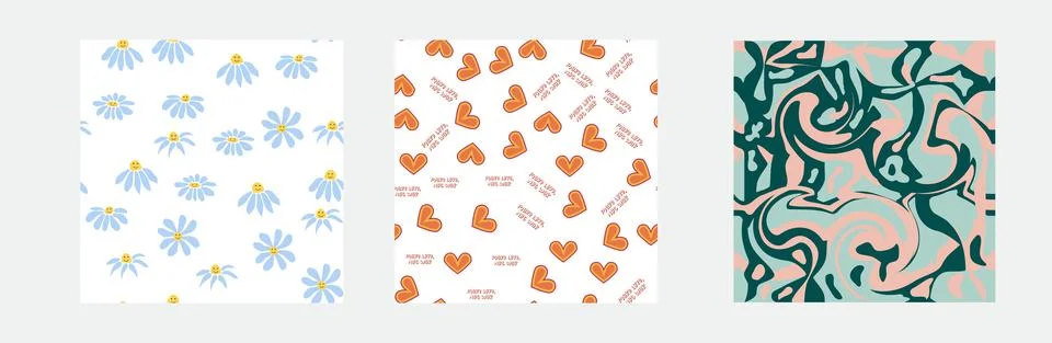 Set of retro 1970s seamless pattern. Floral, swirl, mushrooms, peace symbol,  Stock Illustration