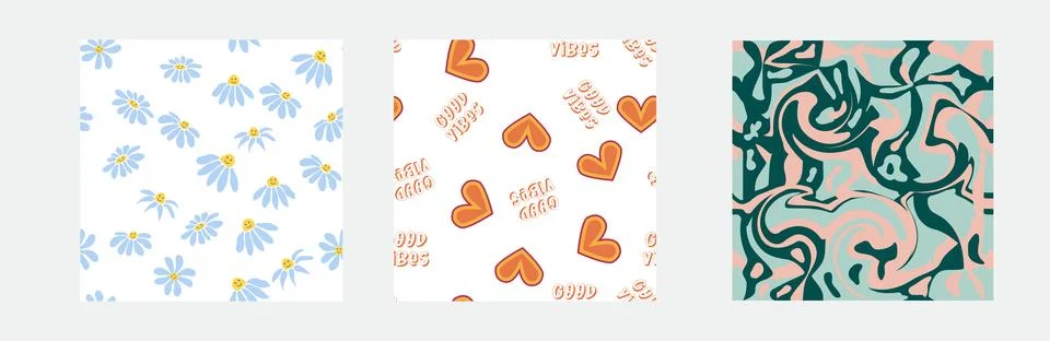 Set of retro 1970s seamless pattern. Floral, swirl, mushrooms, peace symbol,  Stock Illustration