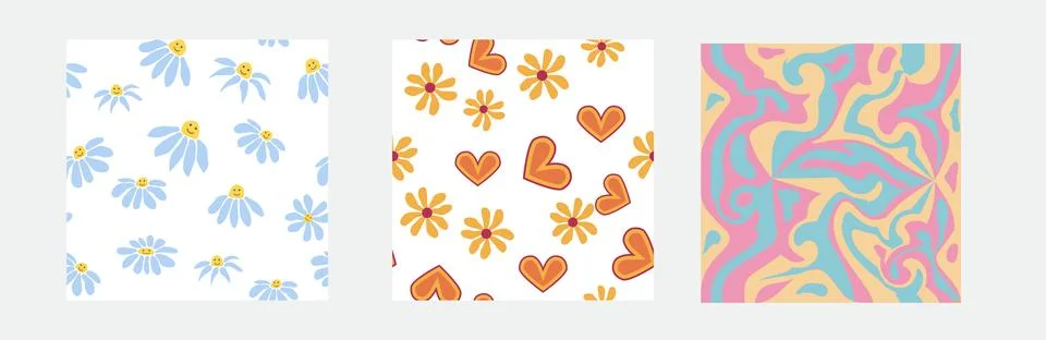Set of retro 1970s seamless pattern. Floral, swirl, mushrooms, peace symbol,  스톡 일러스트