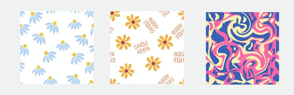 Set of retro 1970s seamless pattern. Floral, swirl, mushrooms, peace symbol,  Stock Illustration