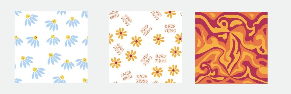 Set of retro 1970s seamless pattern. Floral, swirl, mushrooms, peace symbol,  Stock Illustration
