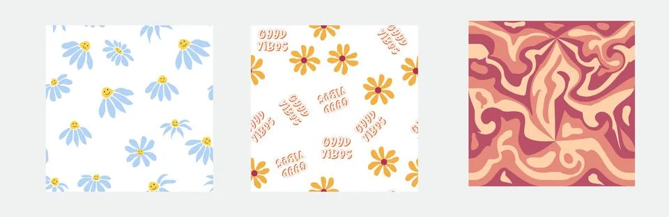 Set of retro 1970s seamless pattern. Floral, swirl, mushrooms, peace symbol,  Stock Illustration
