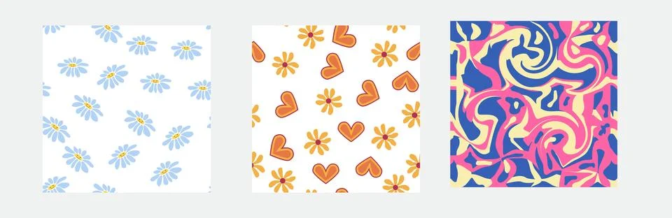 Set of retro 1970s seamless pattern. Floral, swirl, mushrooms, peace symbol,  Stock Illustration