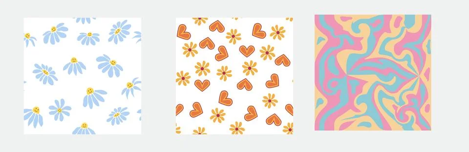 Set of retro 1970s seamless pattern. Floral, swirl, mushrooms, peace symbol,  Stock Illustration