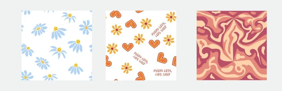 Set of retro 1970s seamless pattern. Floral, swirl, mushrooms, peace symbol,  Stock Illustration