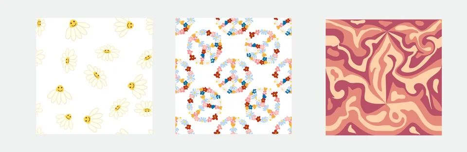Set of retro 1970s seamless pattern. Floral, swirl, mushrooms, peace symbol,  Stock Illustration