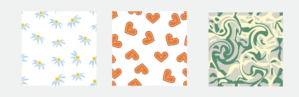 Set of retro 1970s seamless pattern. Floral, swirl, mushrooms, peace symbol,  Stock Illustration