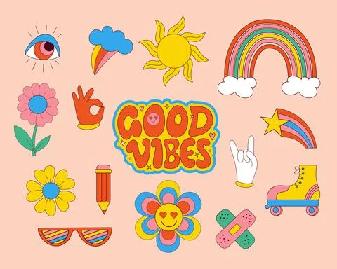 Set of Retro 70s groovy elements, cute funky hippy stickers and lettering Stock Illustration