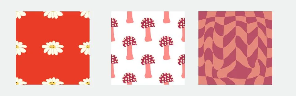 Set of retro 70s seamless pattern. Floral, swirl, mushrooms, peace symbol, ca Stock Illustration