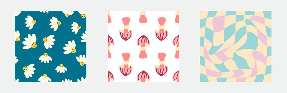Set of retro 70s seamless pattern. Floral, swirl, mushrooms, peace symbol, ca Stock Illustration