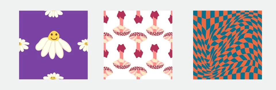 Set of retro 70s seamless pattern. Floral, swirl, mushrooms, peace symbol, ca 스톡 일러스트