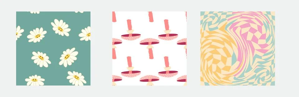 Set of retro 70s seamless pattern. Floral, swirl, mushrooms, peace symbol, ca 스톡 일러스트