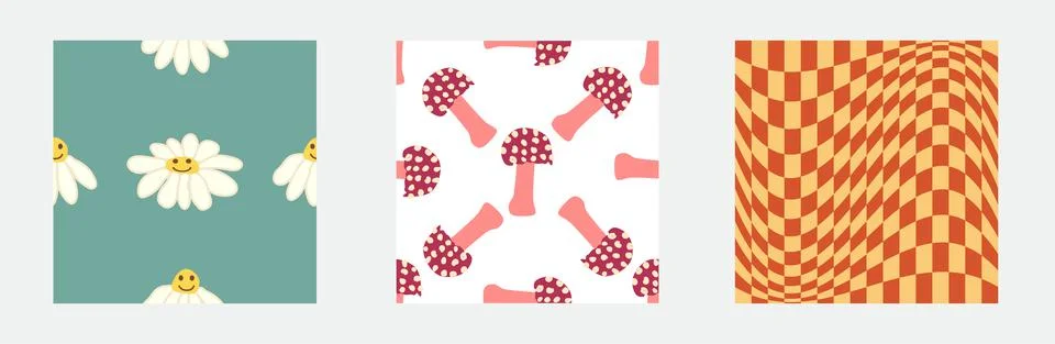 Set of retro 70s seamless pattern. Floral, swirl, mushrooms, peace symbol, ca Stock Illustration