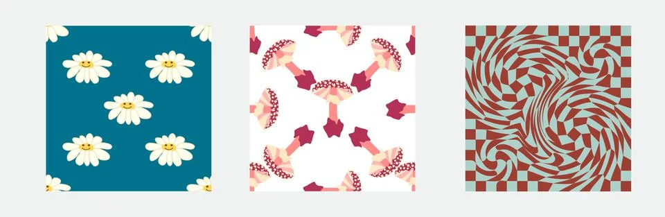 Set of retro 70s seamless pattern. Floral, swirl, mushrooms, peace symbol, ca 스톡 일러스트