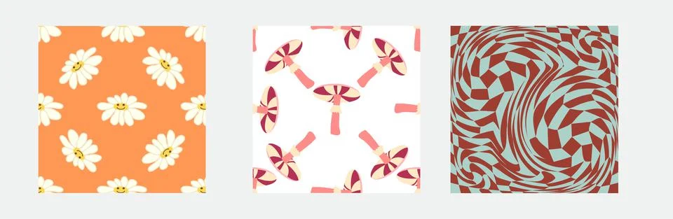 Set of retro 70s seamless pattern. Floral, swirl, mushrooms, peace symbol, ca Stock Illustration