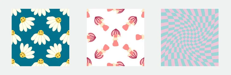Set of retro 70s seamless pattern. Floral, swirl, mushrooms, peace symbol, ca 스톡 일러스트