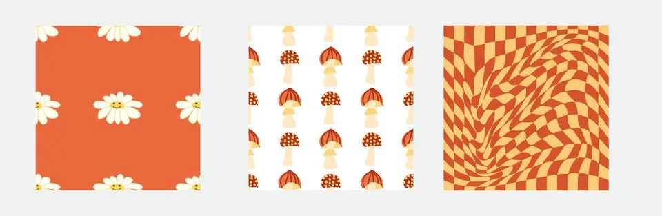 Set of retro 70s seamless pattern. Floral, swirl, mushrooms, peace symbol, ca Stockillustratie