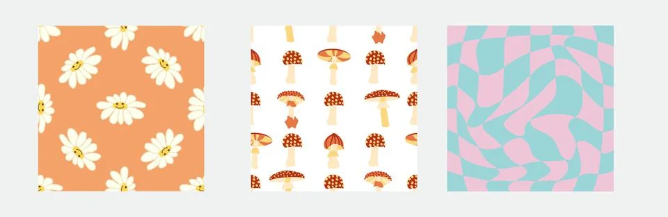 Set of retro 70s seamless pattern. Floral, swirl, mushrooms, peace symbol, ca Stock Illustration