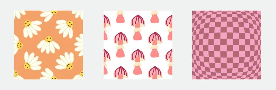 Set of retro 70s seamless pattern. Floral, swirl, mushrooms, peace symbol, ca Stock Illustration
