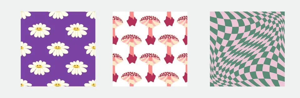 Set of retro 70s seamless pattern. Floral, swirl, mushrooms, peace symbol, ca Stock Illustration