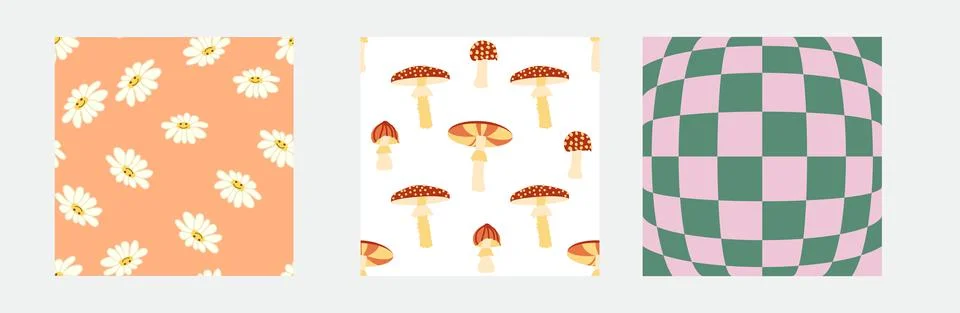 Set of retro 70s seamless pattern. Floral, swirl, mushrooms, peace symbol, ca Stock Illustration