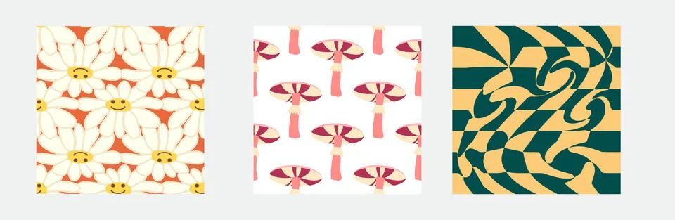 Set of retro 70s seamless pattern. Floral, swirl, mushrooms, peace symbol, ca Stock Illustration