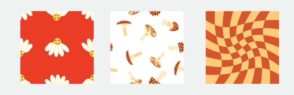 Set of retro 70s seamless pattern. Floral, swirl, mushrooms, peace symbol, ca Stock Illustration