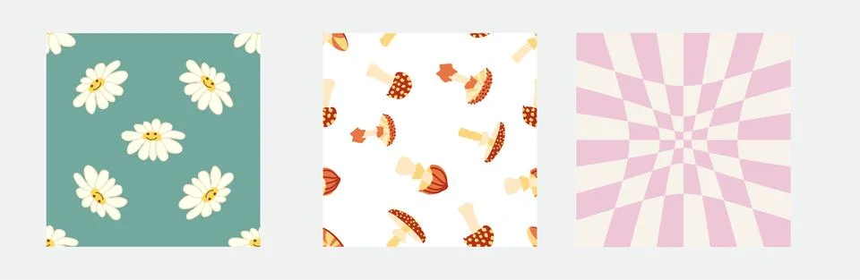 Set of retro 70s seamless pattern. Floral, swirl, mushrooms, peace symbol, ca Stock Illustration