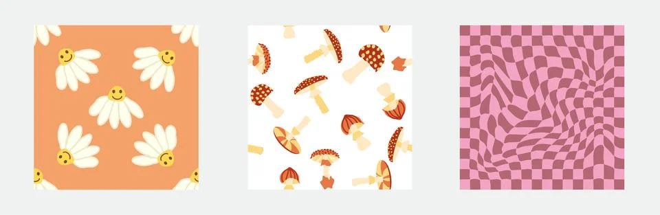 Set of retro 70s seamless pattern. Floral, swirl, mushrooms, peace symbol, ca Stock Illustration