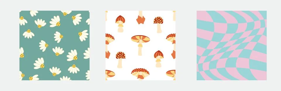 Set of retro 70s seamless pattern. Floral, swirl, mushrooms, peace symbol, ca Stock Illustration
