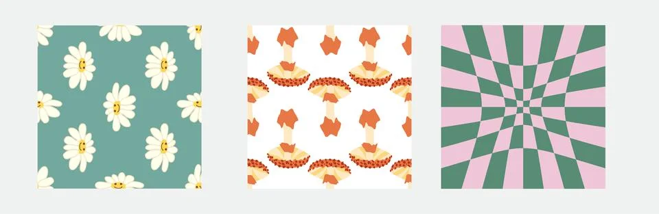 Set of retro 70s seamless pattern. Floral, swirl, mushrooms, peace symbol, ca Stock Illustration