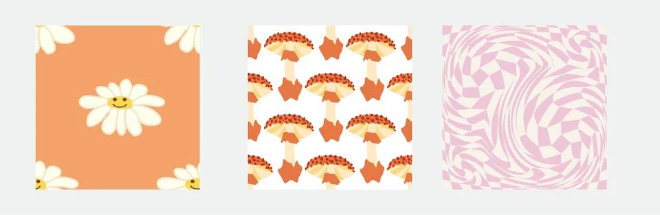 Set of retro 70s seamless pattern. Floral, swirl, mushrooms, peace symbol, ca Stock Illustration