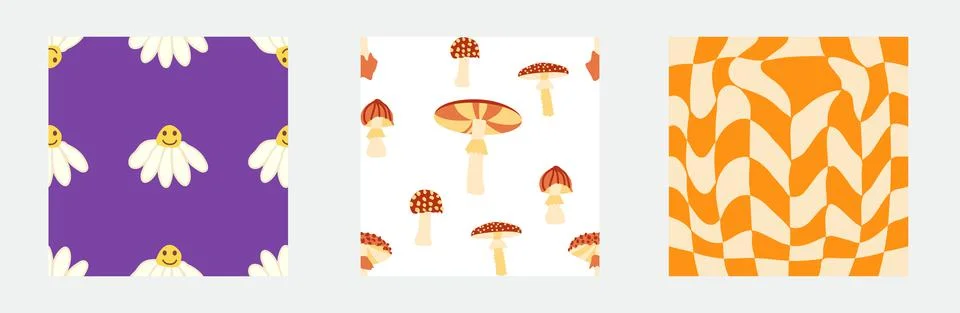 Set of retro 70s seamless pattern. Floral, swirl, mushrooms, peace symbol, ca Stock Illustration