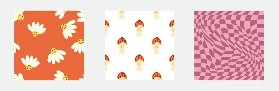 Set of retro 70s seamless pattern. Floral, swirl, mushrooms, peace symbol, ca Stock Illustration