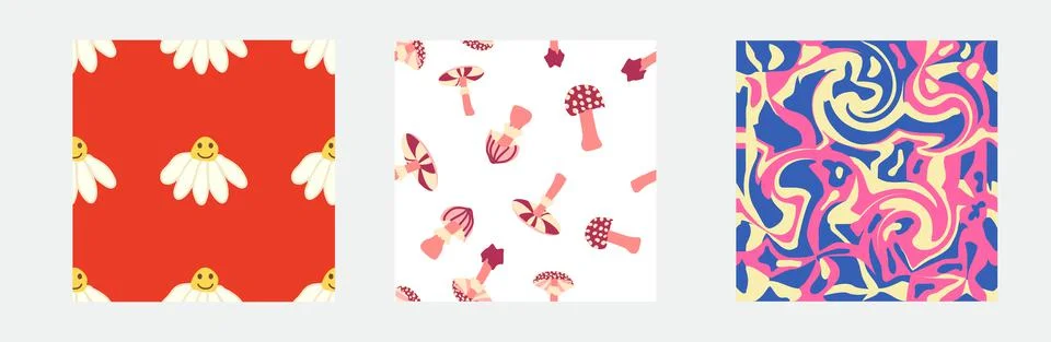 Set of retro 70s seamless pattern. Floral, swirl, mushrooms, peace symbol, ca Stock Illustration