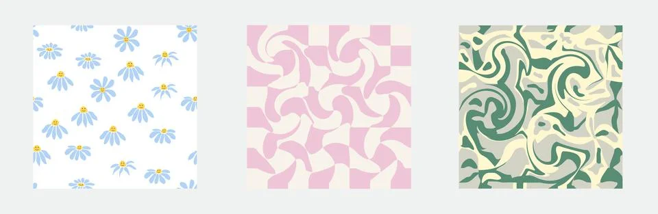 Set of retro 70s seamless pattern. Floral, swirl, mushrooms, peace symbol, ca Stock Illustration