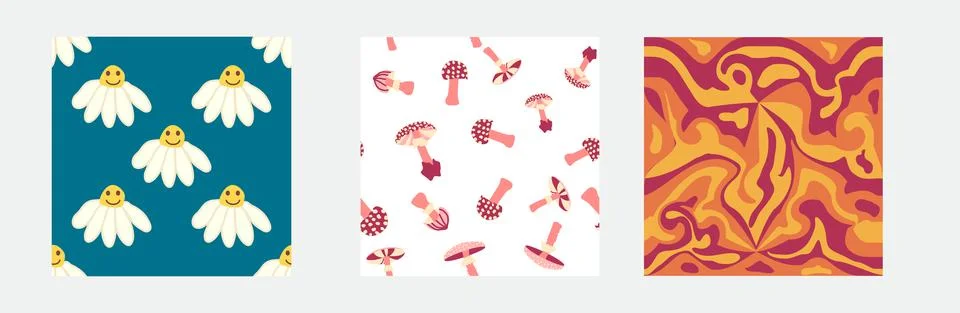 Set of retro 70s seamless pattern. Floral, swirl, mushrooms, peace symbol, ca Stock Illustration