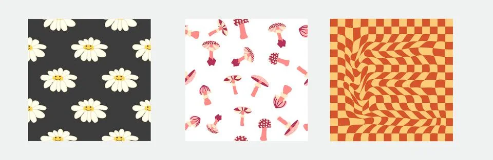 Set of retro 70s seamless pattern. Floral, swirl, mushrooms, peace symbol, ca Stock Illustration