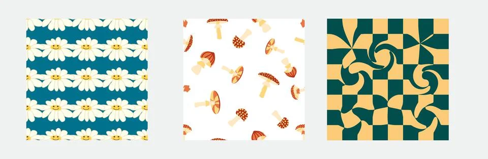 Set of retro 70s seamless pattern. Floral, swirl, mushrooms, peace symbol, ca Stock Illustration