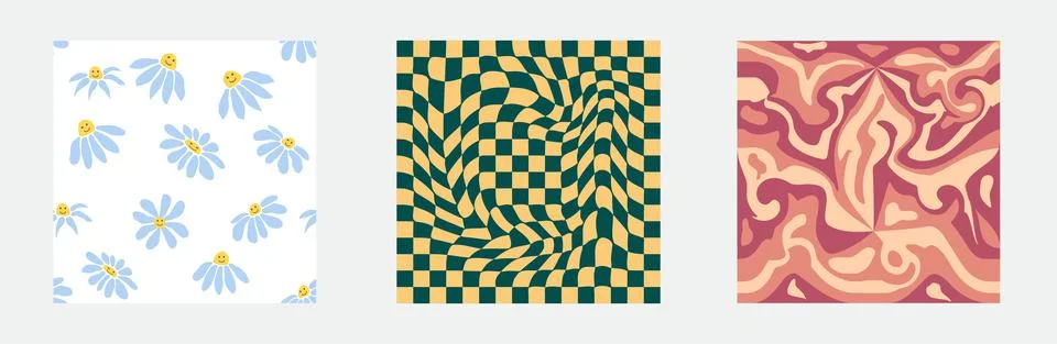 Set of retro 70s seamless pattern. Floral, swirl, mushrooms, peace symbol, ca Stock Illustration