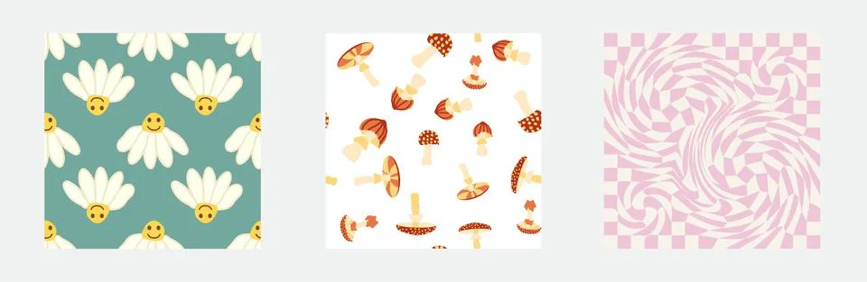 Set of retro 70s seamless pattern. Floral, swirl, mushrooms, peace symbol, ca Stock Illustration