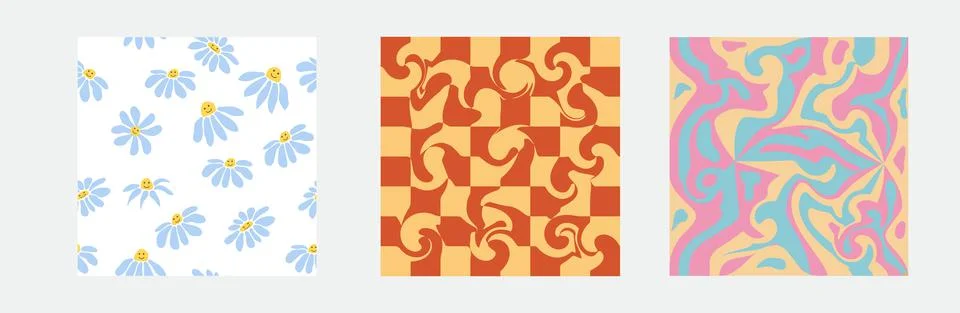 Set of retro 70s seamless pattern. Floral, swirl, mushrooms, peace symbol, ca Stock Illustration
