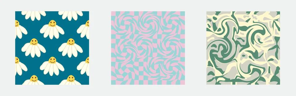 Set of retro 70s seamless pattern. Floral, swirl, mushrooms, peace symbol, ca Stock Illustration