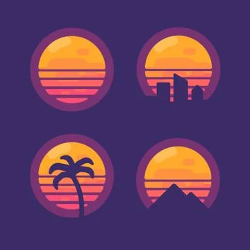 Set of retro 80 synthwave music flat icons.  New retro wave flat illustration Illustrazione stock