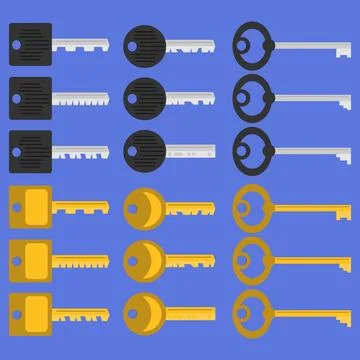 Set of retro and modern keys icons vector illustration. Gold and black key Stock Illustration