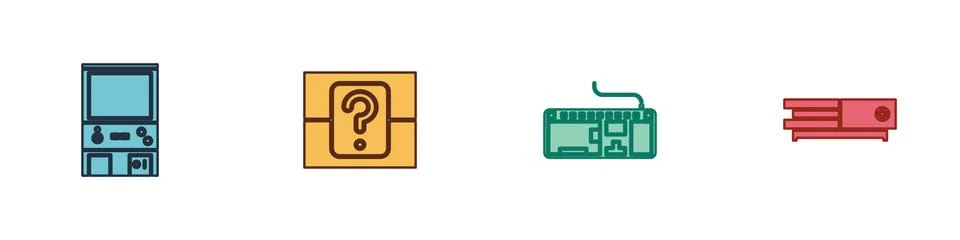Set Retro arcade game machine, Mystery or random box, Computer keyboard and Stock Illustration