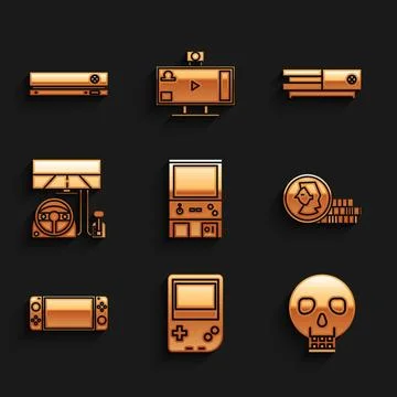 Set Retro arcade game machine, Portable video console, Skull, Coin for, Rac.. Stock Illustration